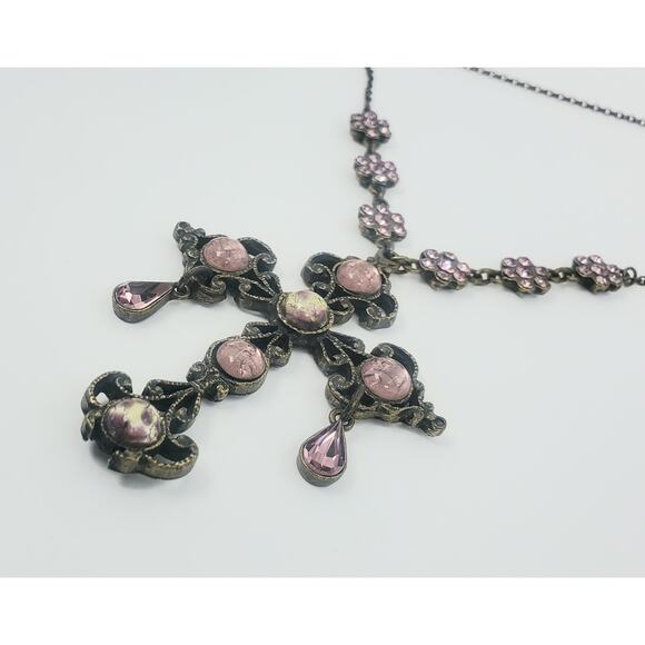 Vintage Nicky Butler Pink Moonstone Bronzetone Cross Statement Necklace in Box - Picture 5 of 12
